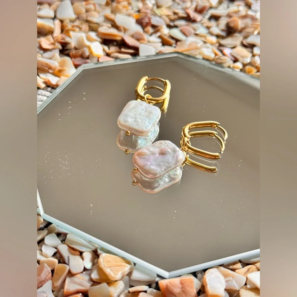Gold and Cream Dangle Earrings with Intricate Design - Picture 1 of 5